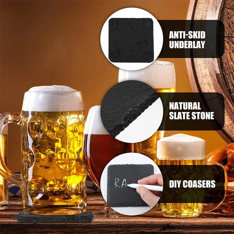 4 Inch Natural Round Square Slate Coaster Customized Set With Bracket Slate White Beverage Tea Coffee  Drink Slate Coaster