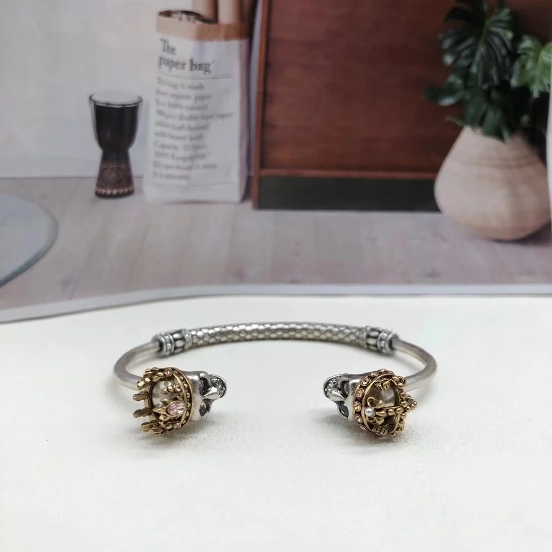 Alexander McQueens Factory Direct  925 Silver Double Gollum Head Zircon Open Bracelet with Retro Style Design and Premium Sense