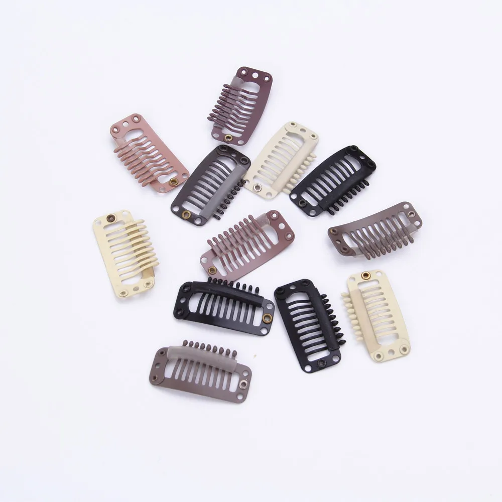 32mm 9-teeth Hair Extension Clips Stainless Steel Wig Clips Combs Snap Clips with Rubber for Hair Extension Toupee DIY