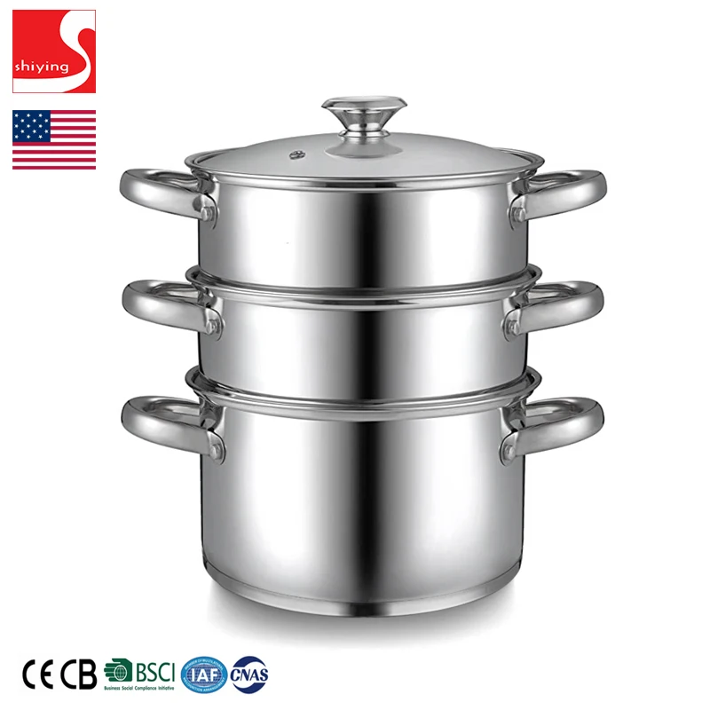 SY-Kitchenware Stainless Steel Double Boiler Steamer 4Qt Silver steamer set 3 layers 24cm factory price