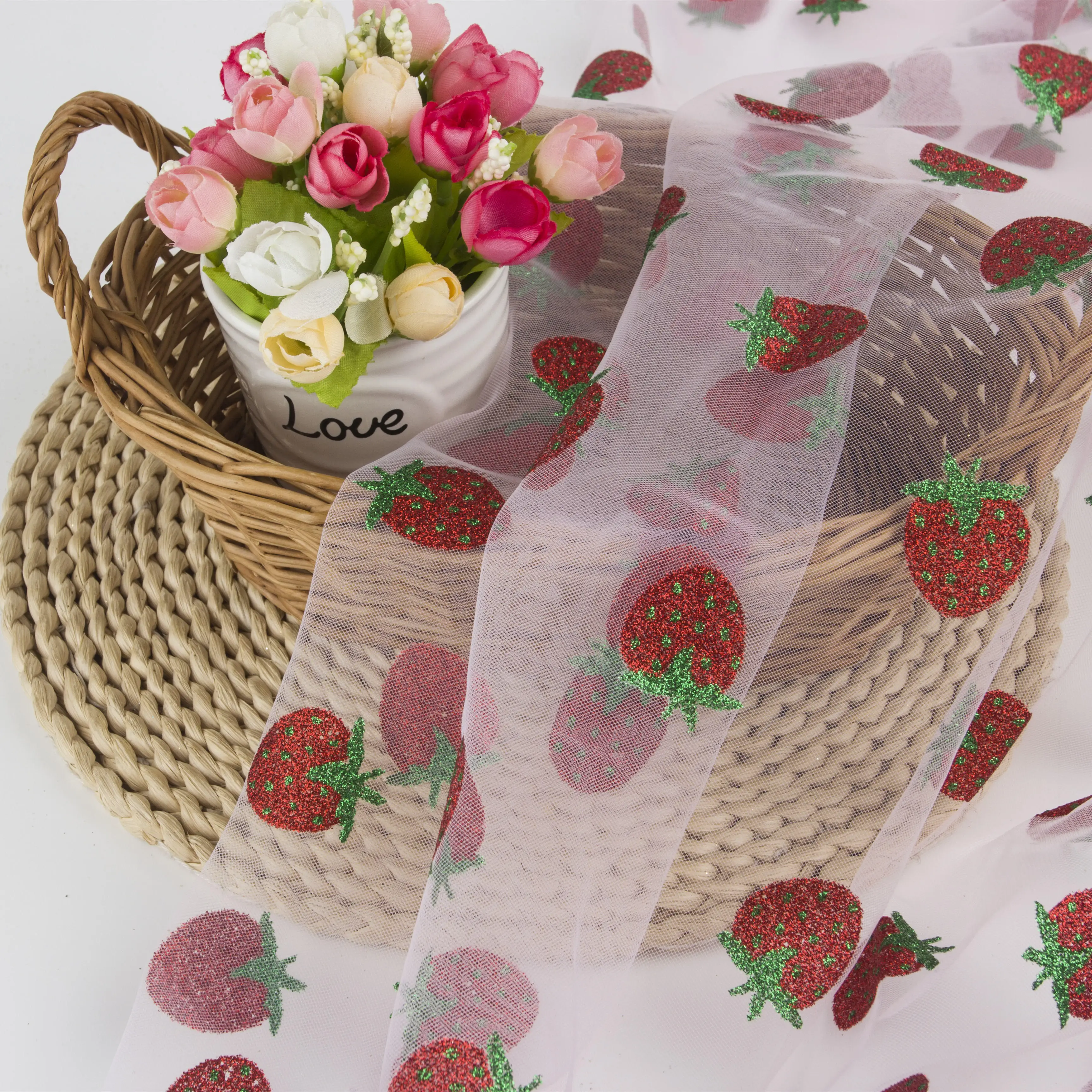 Accept custom design strawberry mesh glitter tulle mesh fabric for dress