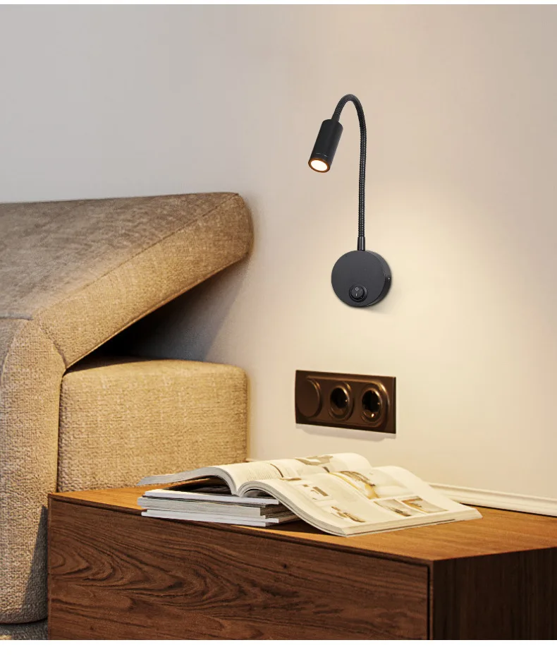 3W LED wall mount light, hotel bedside headboard reading light with flexible gooseneck on/off switch wall lamp