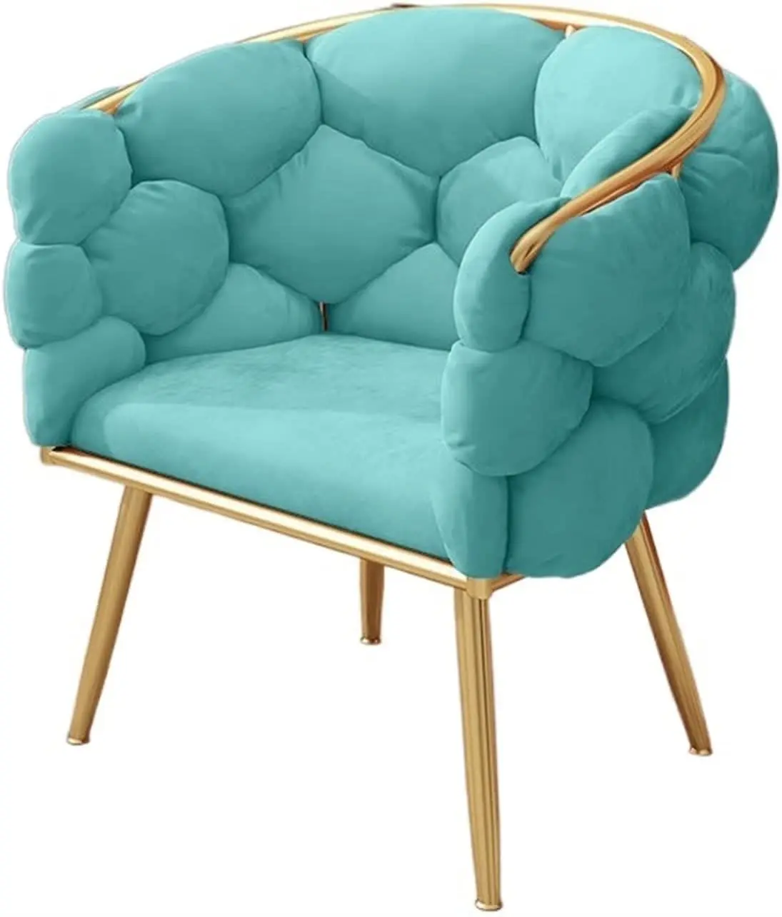 Luxury leisure armrest Turquoise woven fabric dining chair with golden metal frame