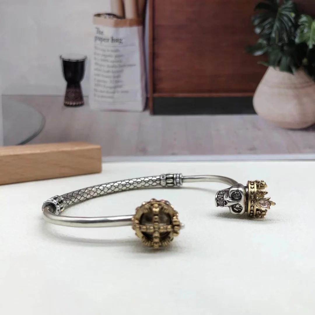 Alexander McQueens Factory Direct  925 Silver Double Gollum Head Zircon Open Bracelet with Retro Style Design and Premium Sense