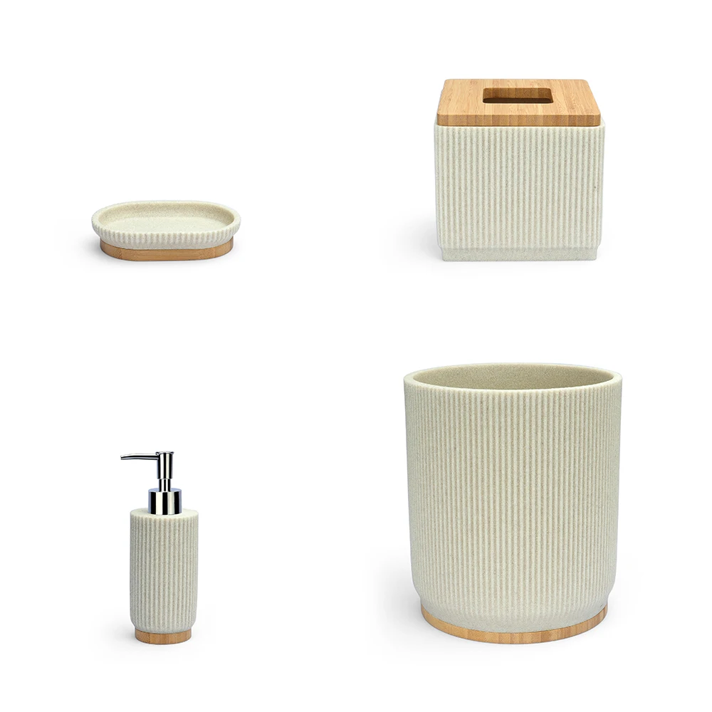 High Quality Washroom Bathroom Accessories Set Black and White 7 Pcs Pieces Bath Bathroom Toilet Set With Wood