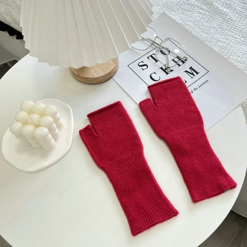 Solid Color Half Finger Knit Gloves Soft Warm Stretch Custom Knit Gloves Mittens For Men And Women