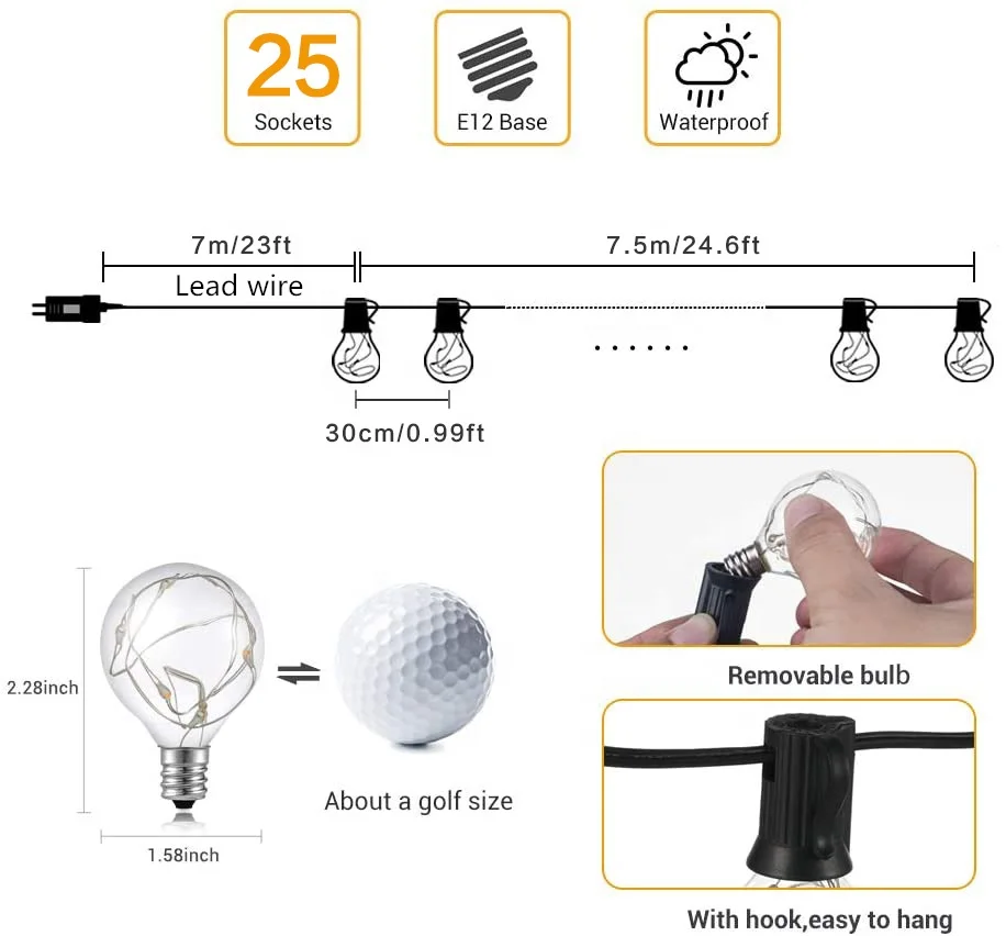 HOT SALE 25FT 50FT 100FT G40 LED String Lights Bulbs with Remote 8 Functions Copper Wire for Outdoor Wedding Party