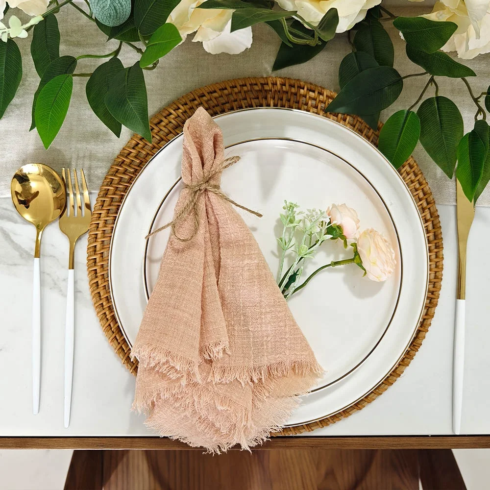 Beautiful handmade frayed edges table decor peach pink color recycled eco friendly cotton gauze napkins 43x43
