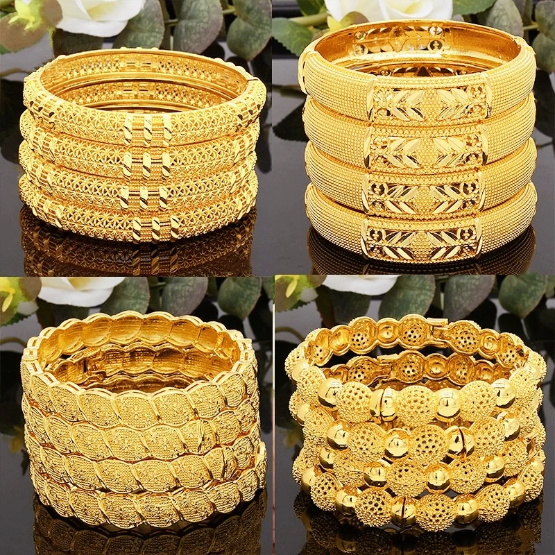Ethiopian Bridal 24k Gold Color Round Luxury Bangles Indian Wedding Jewellery Dubai Engagement Hand Jewelry Gifts