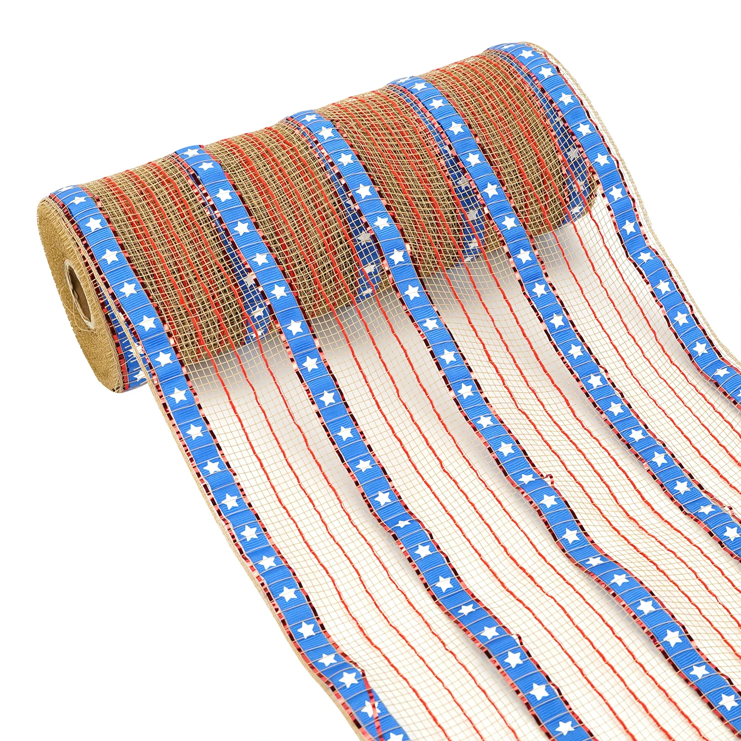 Huihuang Factory Custom Deco Metallic Mesh Foil Striped Plaid Mesh Rolls For Diy Independence Day Project Wreaths Party Decorate