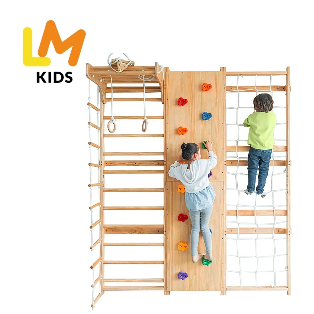 LM KIDS Indoor Montessori Playground 9-in-1 Swedish Kids Ladder Wall Gym Set With Rock Climbing And Pullup Bars