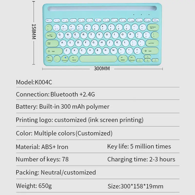 Rechargeable Three Bt Wireless keyboard 78 Keys Retro Round Keycaps Keyboard suitable