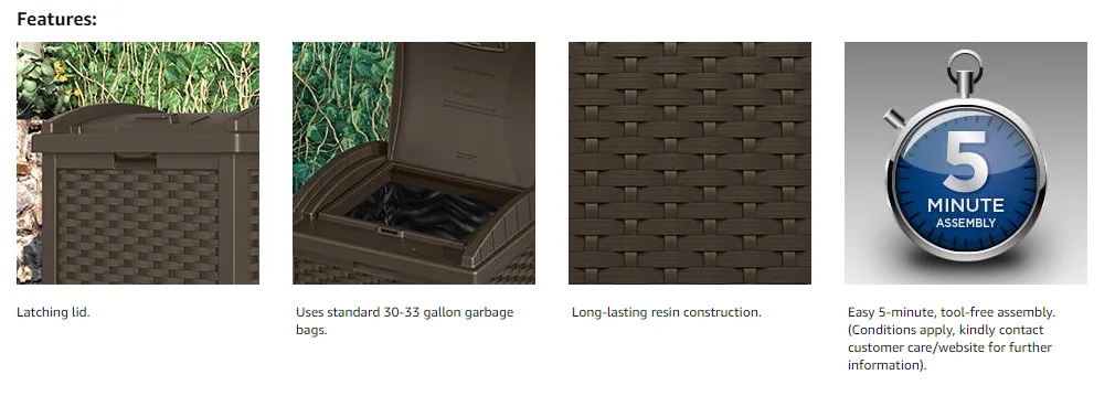 33 Gallon Hideaway Can Resin Outdoor Trash with Lid Use in Backyard, Deck, or Patio