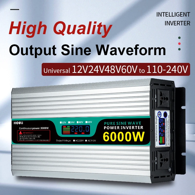 Инвертор немодулированного синусоидального сигнала HOULI, 6000 Вт, 12 В, 24 В, 48 В до 110 В, 220 В, 6000 Вт