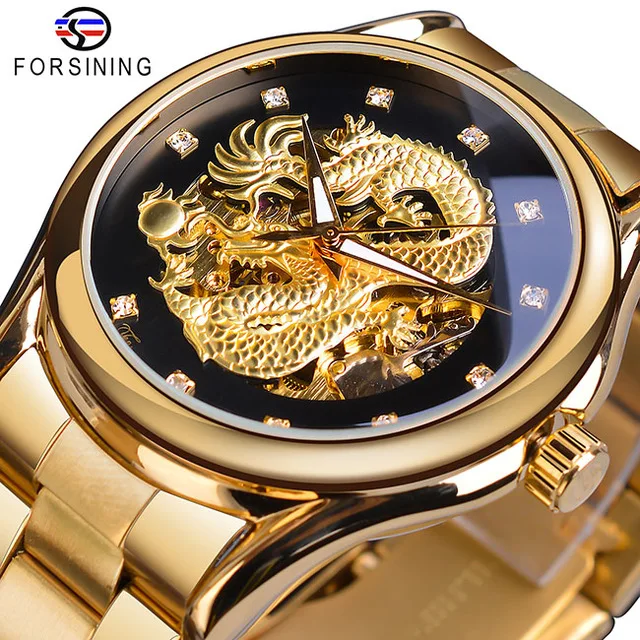 Forsining Men Top New Luxury Classic Dragon Design Silver Stainless Steel Diamond Display Men Automatic Wrist Watches Clock