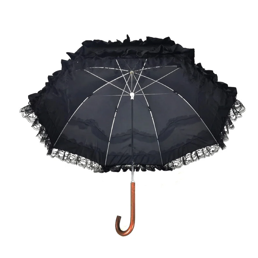Gothic Lolita Lace Wood Handle J Shape Wedding Sunshade Sombrilla Umbrella For Ladies 23 Inch