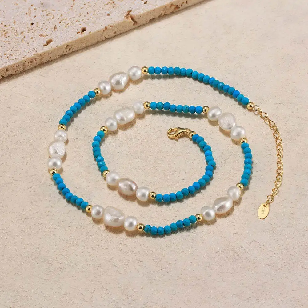 Elegant Vintage Natural Stone Freshwater Pearl Turquoise Necklace for Women