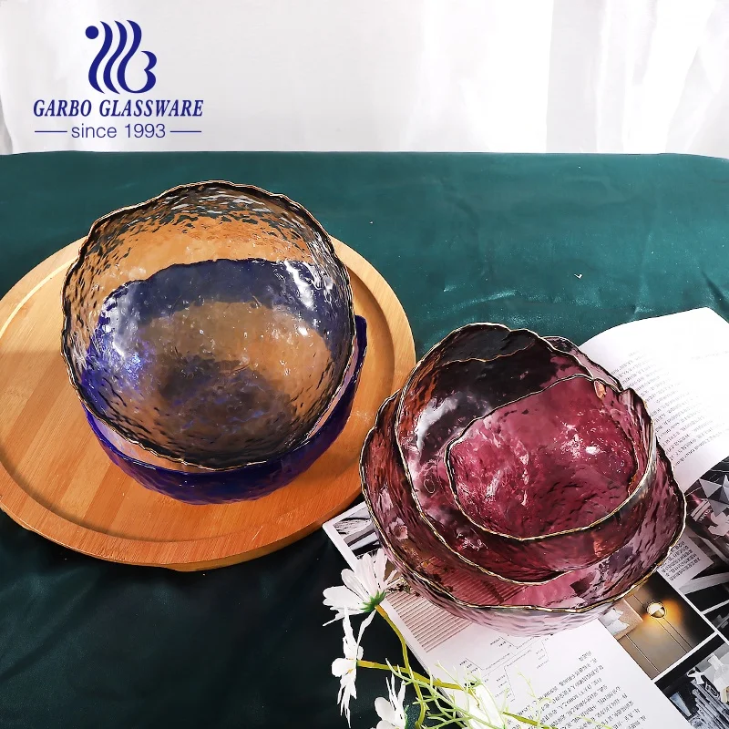 Promotional elegant handmade dinnerware dessert glassware gold rim purple colored glass salad fruit bowl for wedding party gift