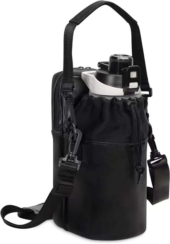 custom drawstring sport PU leather fashion 40 oz unisex school gym hiking cross body water bottle holder with phone pocket bag