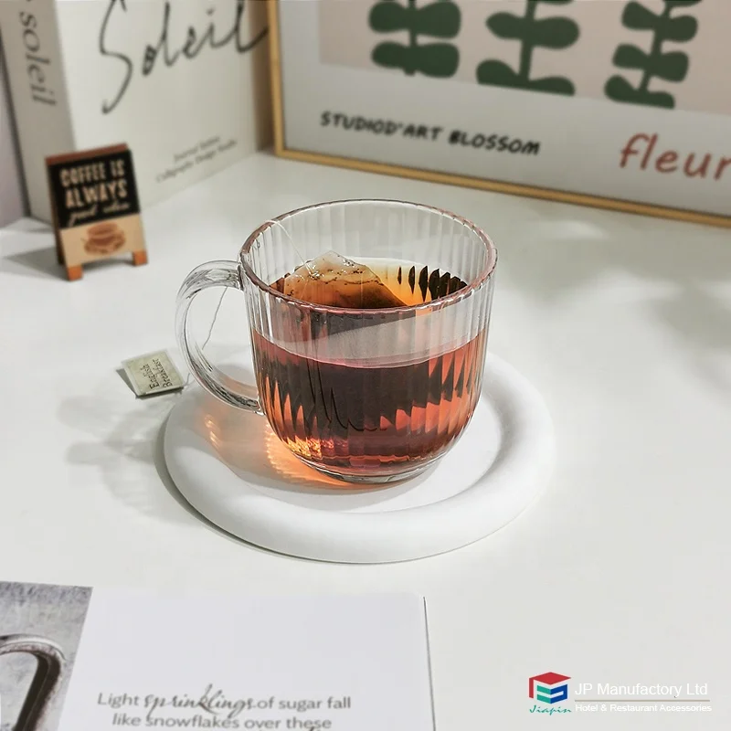 Striped clear 330ml plastic coffee tea mug milk cup custom printed PC coffee cups with handle