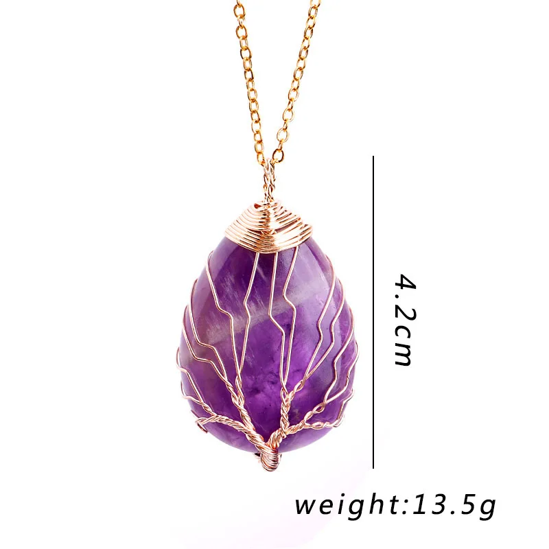 Tree Of Life Wire Wrap Gemstone Necklace Natural Quartz Stone Pendant Crystal Stone Necklaces