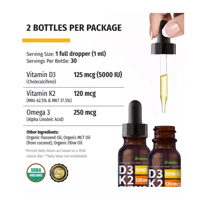 Support body blood Daily supplement D3 K2 Liquid Vitamins Formulated Organic Vitamin D3 K2 Drops Oil Omega 3