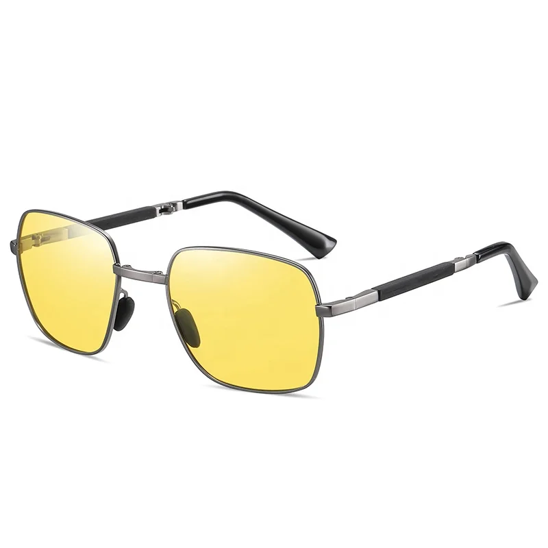 High quality men folding metal frame day night vision anti glare photochromic sunglasses polarized night driving glasses