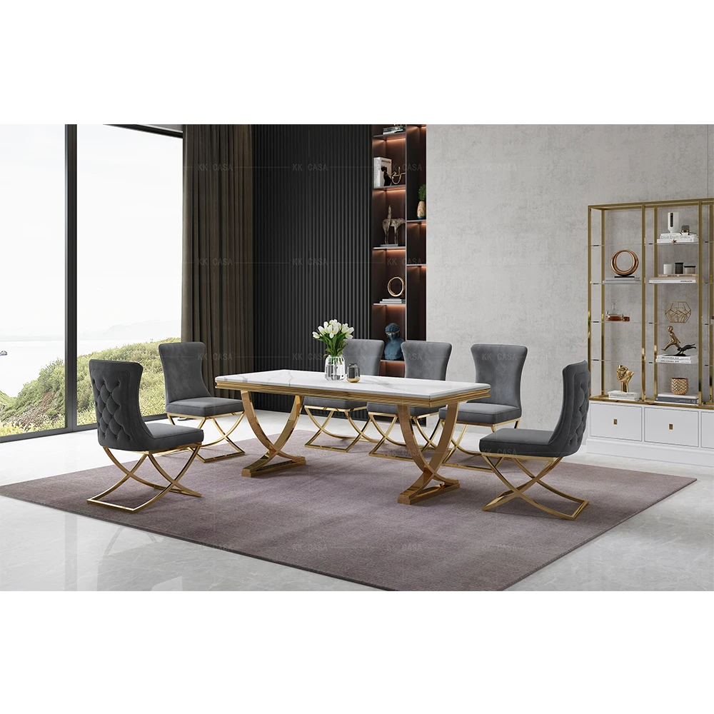 Living Room Furniture Practical Luxury Rectangle Marble Dinning Table Set With Golden Black Silver Base Legs