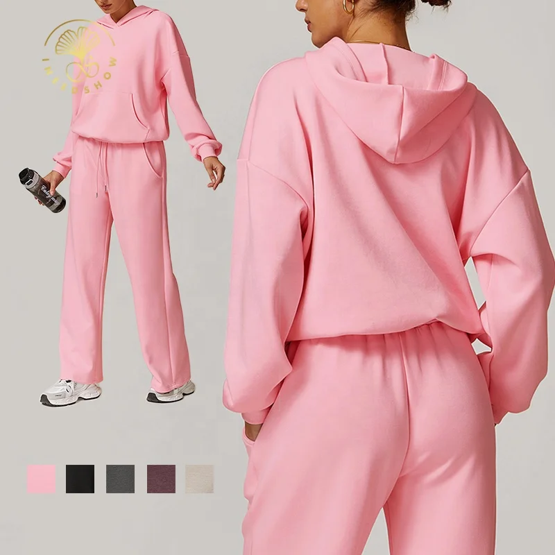 Sport Jogging Wear High Quality Casual Pink Hoodie And Jogger Sweatpants Sets Custom Logo Blank Oversized Tracksuits For Women