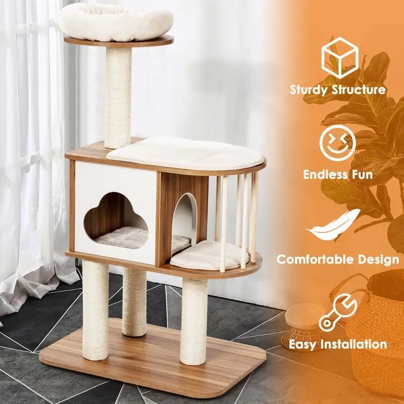 Wholesale customized cute fashion beige luxury  indoor tree tower houses scratches climbing pet cat tree CNLF