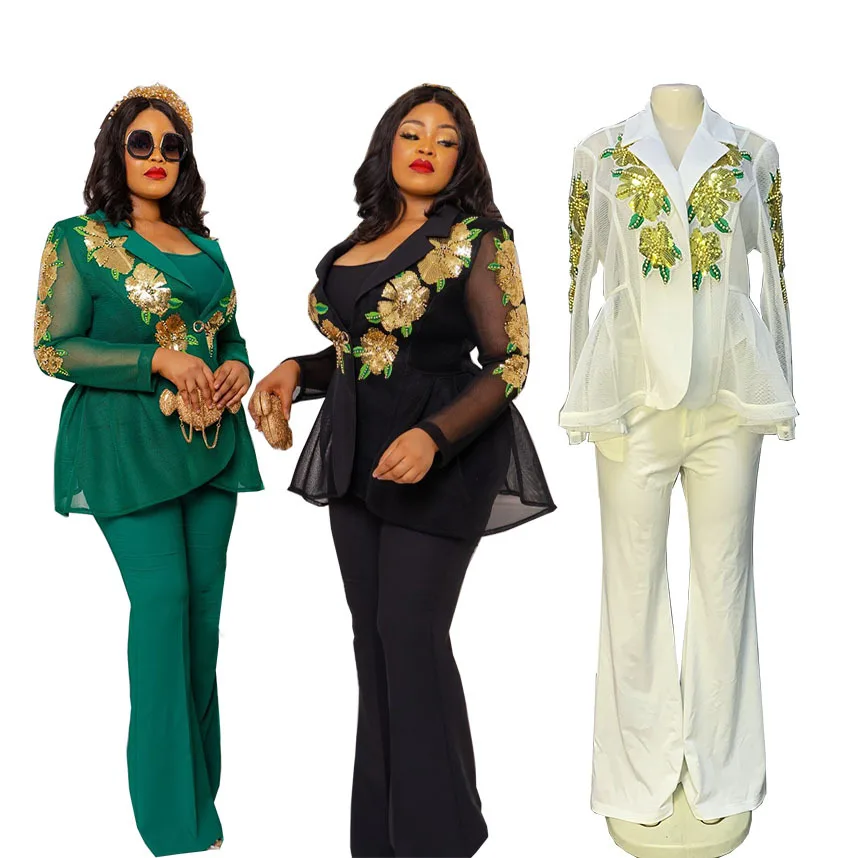 African New long sleeve sequins big flower nail beads suit jacket + suspenders + flared trousers for women three sets