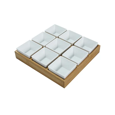 Natural bamboo plate platter hot pot tray wooden divided snack tray with ceramic bowls