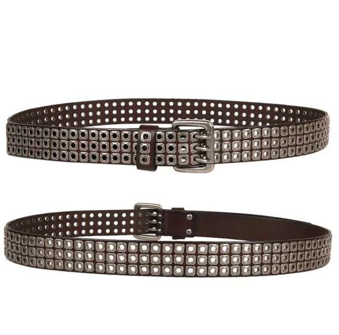 Vintage Accessories Hollow Out Leather Belt With Three Pin Buckle