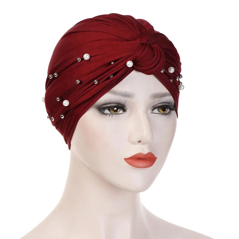 2020 Muslim Hijab Women Arab Pearls Head Scarf Plain Color Indian Cotton Cap