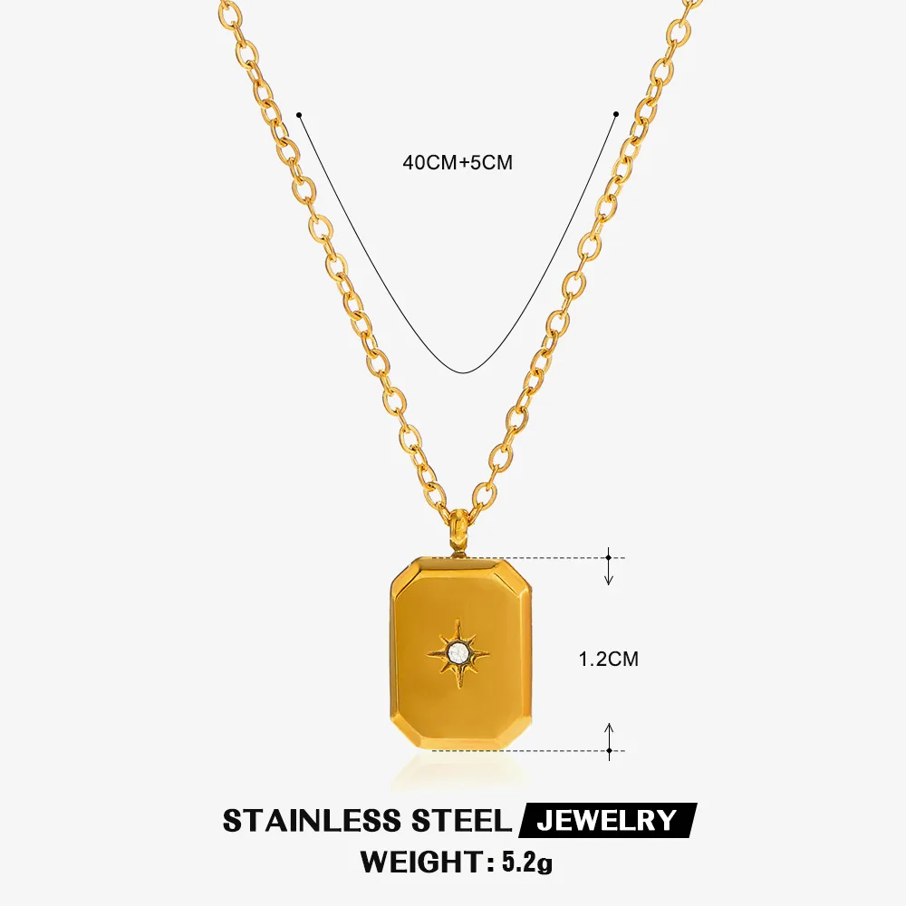 Wholesale Custom 18k Gold Pvd Plated North Star Square Rectangle Pendant Necklace North Tarnish Free Waterproof Gold Jewelry