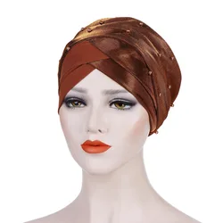2022 Muslim Women Stretch pearl satin turban women sequin turban headbands for women