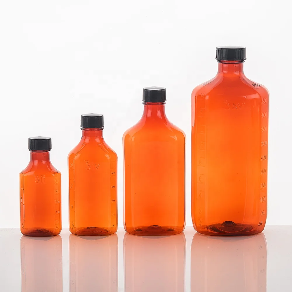Customized fruit  syrup container cough medicine bottle different material labels graduated medicine bottle 2OZ 4OZ 8OZ 16OZ
