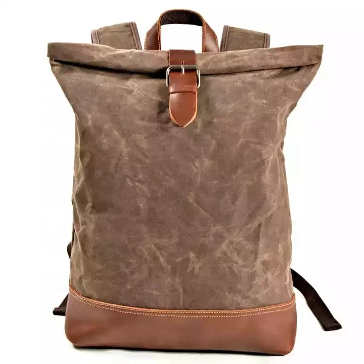 Travel leather roll top Backpack Bags Waterproof Waxed Canvas Crazy Horse Leather College Other Laptop Backpacks for Men