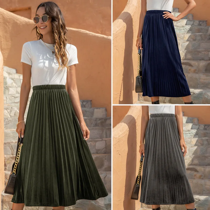 
2021 Hot Sell Desinger Cheap Big Hem Solid Color Straight High Wasted Long Pleated Chiffon Midi Casual Womens Skirts For Ladies 