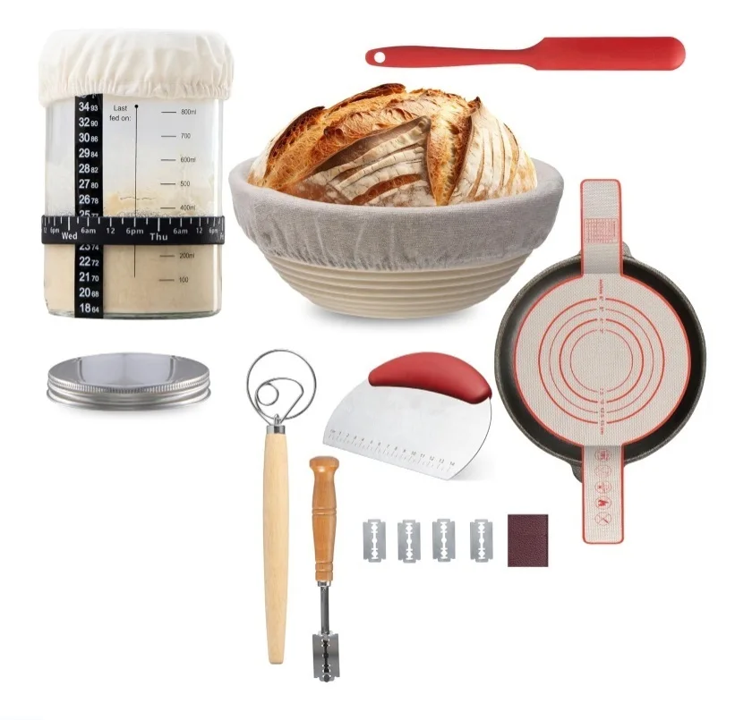 HT Glass Sourdough Bread Starter Kit Includes Sourdough Jar Rattan Bread Proofing Basket and More Accessories
