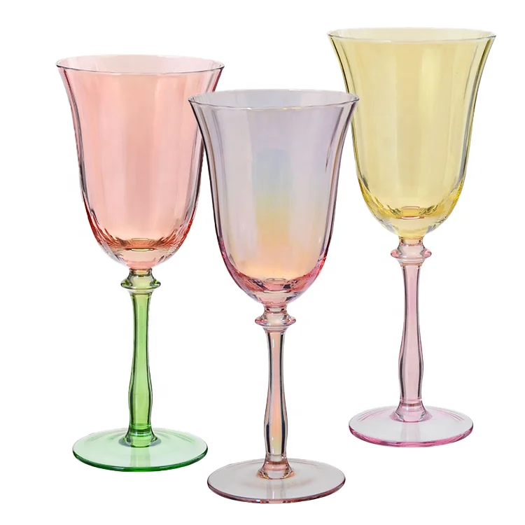 wholesale Unique Wedding Luxury ribbed Rainbow pink Colored wine glass Cup Origami Wine Goblet Glasses
