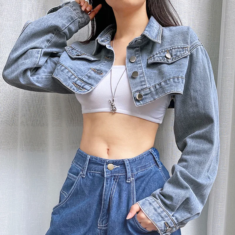 New Fall Long Sleeve Loose Cargo Cropped Denim Jean Jackets  For Women