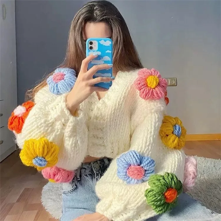 new spring single breasted knitted cardigan round neck color matching loose puff sleeve cardigan sweater coat