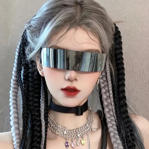 Fashion crazy hair band party sunglasses plated film one lens future warrior technology cyberpunk  glasses