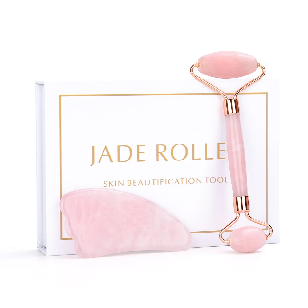 Rose Quartz Jade Roller Face Slimming Massager Face Lifting Natural Jade Stone Facial Massage Roller Skin Care Beauty Set Box