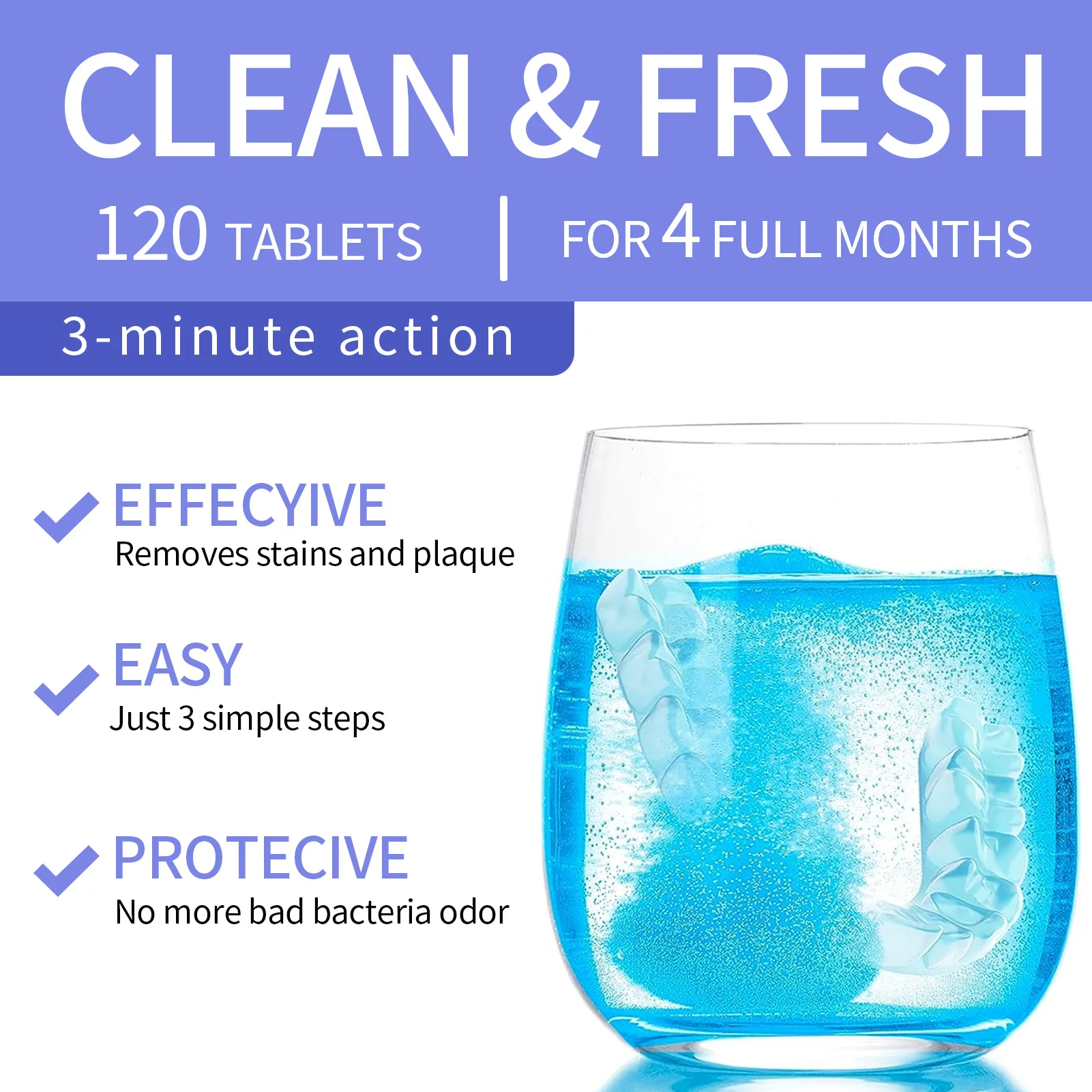 Teeth Retainer Cleaner Denture Cleaning Tablet for Cleaning Mouth Guard Removable Dental Appliances