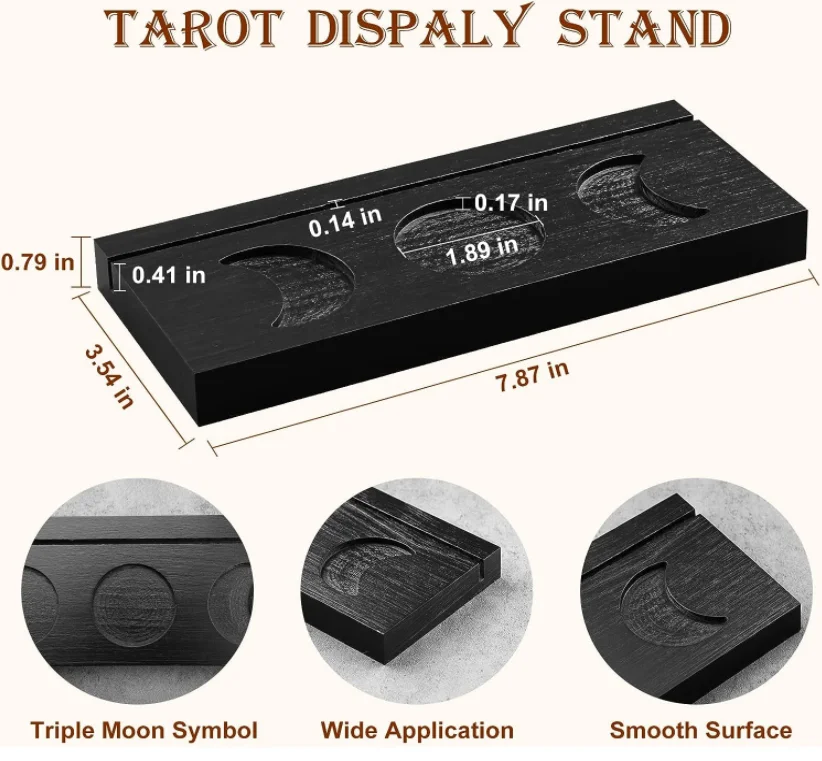 brown wooden Tarot Card Holder, Playing Deck Display Stand For Tarot With Triple Moon Phases Symbol