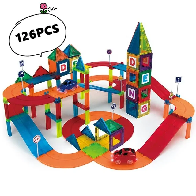2021 Amazon Hot Selling Educational Magnetic Set Toy Car Track Tiles 126Pcs ABS Plastic Magnet Building For