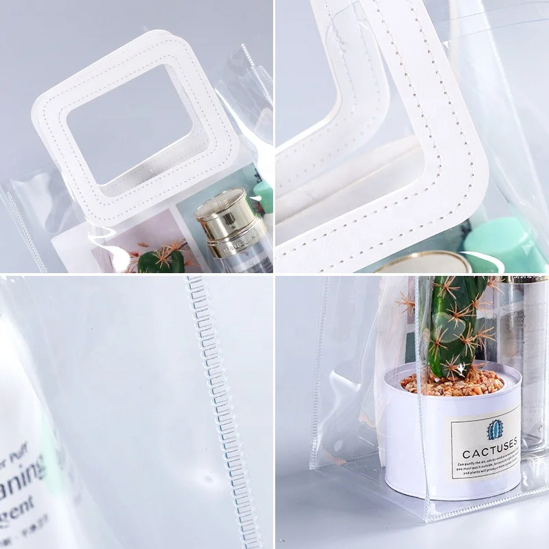 Soft pu leather handles high quality logo printed gift travel tote clear shopping bags recycled clear pvc shopping bag