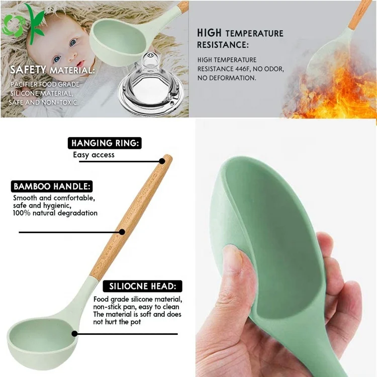  OKSILICONE Amazon Лидер продаж 11 упаковок разные размеры силиконовая деревянная кухонная утварь набор антипригарных кухонных